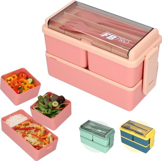 Foto: Lunchbox 1400ml met servies en vakjes x3 geschikt voor rijst noodles groente vlees en meer voor kinderen en volwassenen roze