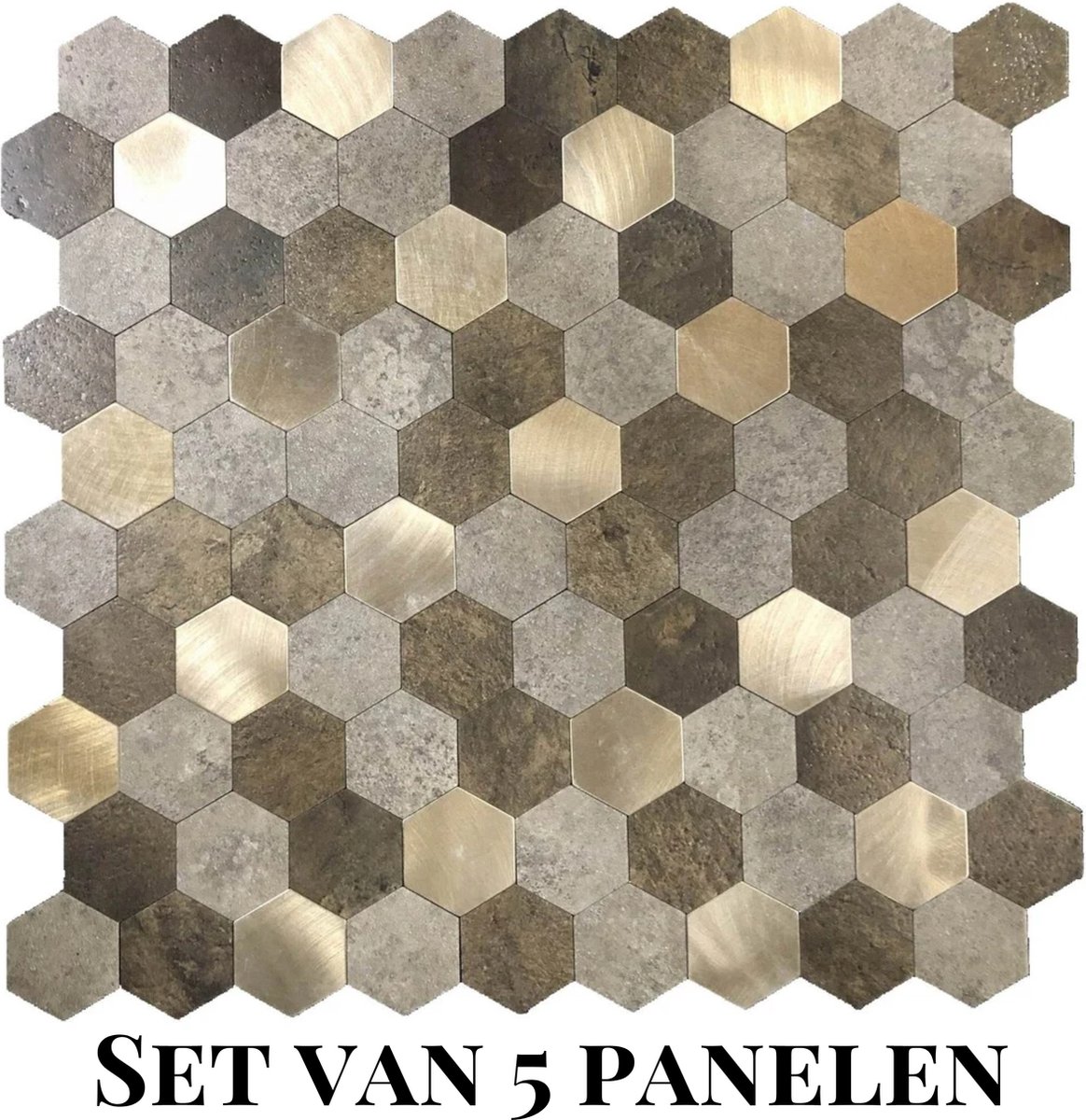 Wallways Wandpanelen - Plaktegels - Set van 5 Tegels - Tegelsticker - Zelfklevende Tegels - 4MM dik - Aluminium toplaag - Waterdicht - Krasbestendig - Hittebestendig - 3M Kleeflaag - Hexagon Goud/Bronze