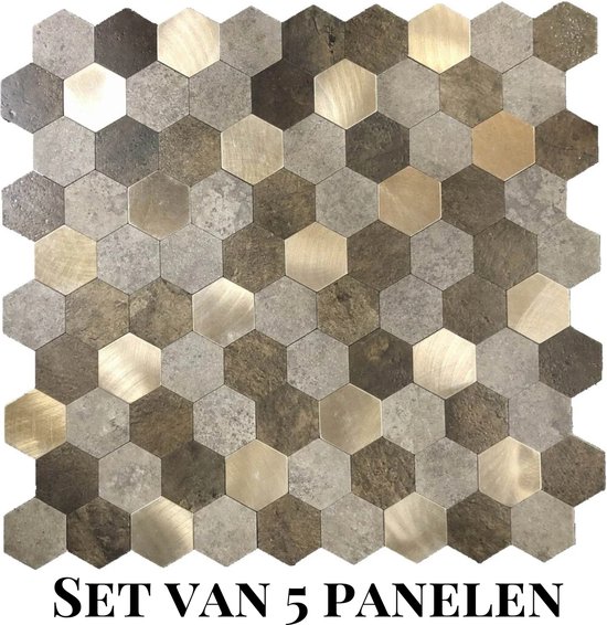 Foto: Wallways wandpanelen plaktegels set van 5 tegels tegelsticker zelfklevende tegels 4mm dik aluminium toplaag waterdicht krasbestendig hittebestendig 3m kleeflaag hexagon goud bronze