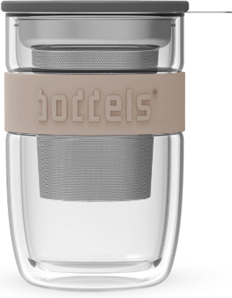 Theeglas, Theebeker, 0.38 L, Incl Filter en Deksel, Dubbelwandig, Taupe - Boddels | Seev