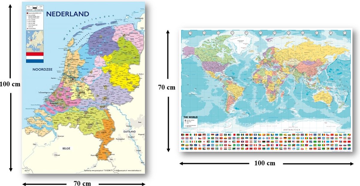 Wereldkaart Poster en Nederland kaart poster -set van 2 posters - groot - 70x100cm - educatief - topografie - luxe papier met UV lak- multi wanddecoratie