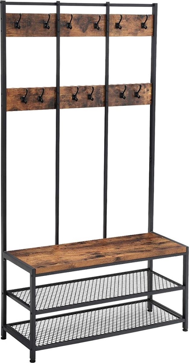 Kapstok met schoenenrek - rustiek bruin - 100 x 40 x 186 cm - 24 haken