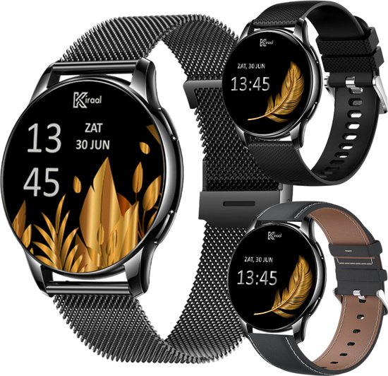 Kiraal Valencia Montre connectée AMOLED pour Femme - Bracelet en Acier Inoxydable, Cuir et Siliconen - Moniteur de Fréquence Cardiaque - Podomètre - Moniteur de Sommeil - Multisport - Compatible avec Android et iOS - Zwart