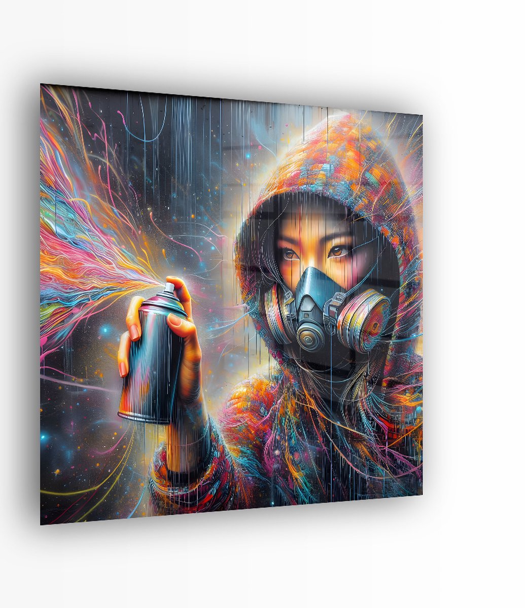 Indoorart - Glasschilderij Abstract woman Spraycan 100x100 CM - Afbeelding op plexiglas - Inclusief montagemateriaal