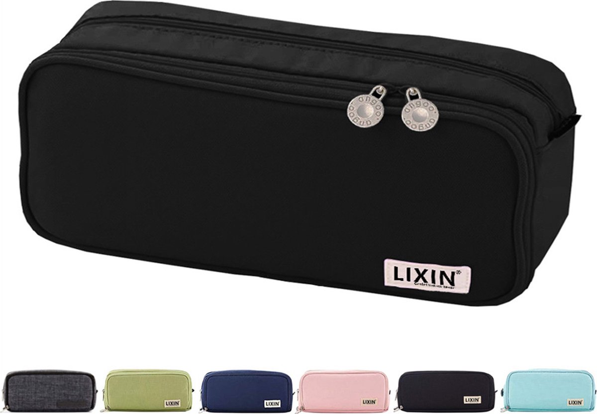 LIXIN Macaron Etui - Zwart - Opgewaardeerd Groot - Pennenzak voor jongens en meisjes - Canvas - Linnen - Grote capaciteit - Etui voor kinderen en volwassenen - School - Terug naar school - Back to school - Leuke telescopishe pennenhouder - Leuk etui