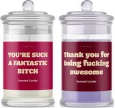 Kaarsen geschenkset Grappig - You Are Fucking Awesome & Such A Fantastic Bitch - Grappige Cotton & Lavendel Geurkaarsen in Glas met Tekst - Verjaardag Cadeau Vrouw, Vriendin - Geschenkset - Happy Birthday - Cadeautjes voor Haar Volwassenen