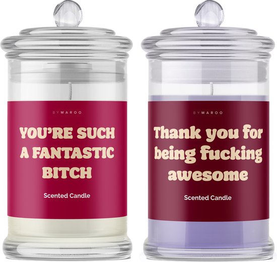 Foto: Kaarsen geschenkset grappig you are fucking awesome such a fantastic bitch grappige vanille lavendel geurkaarsen in glas met tekst verjaardag cadeau vrouw vriendin geschenkset happy birthday