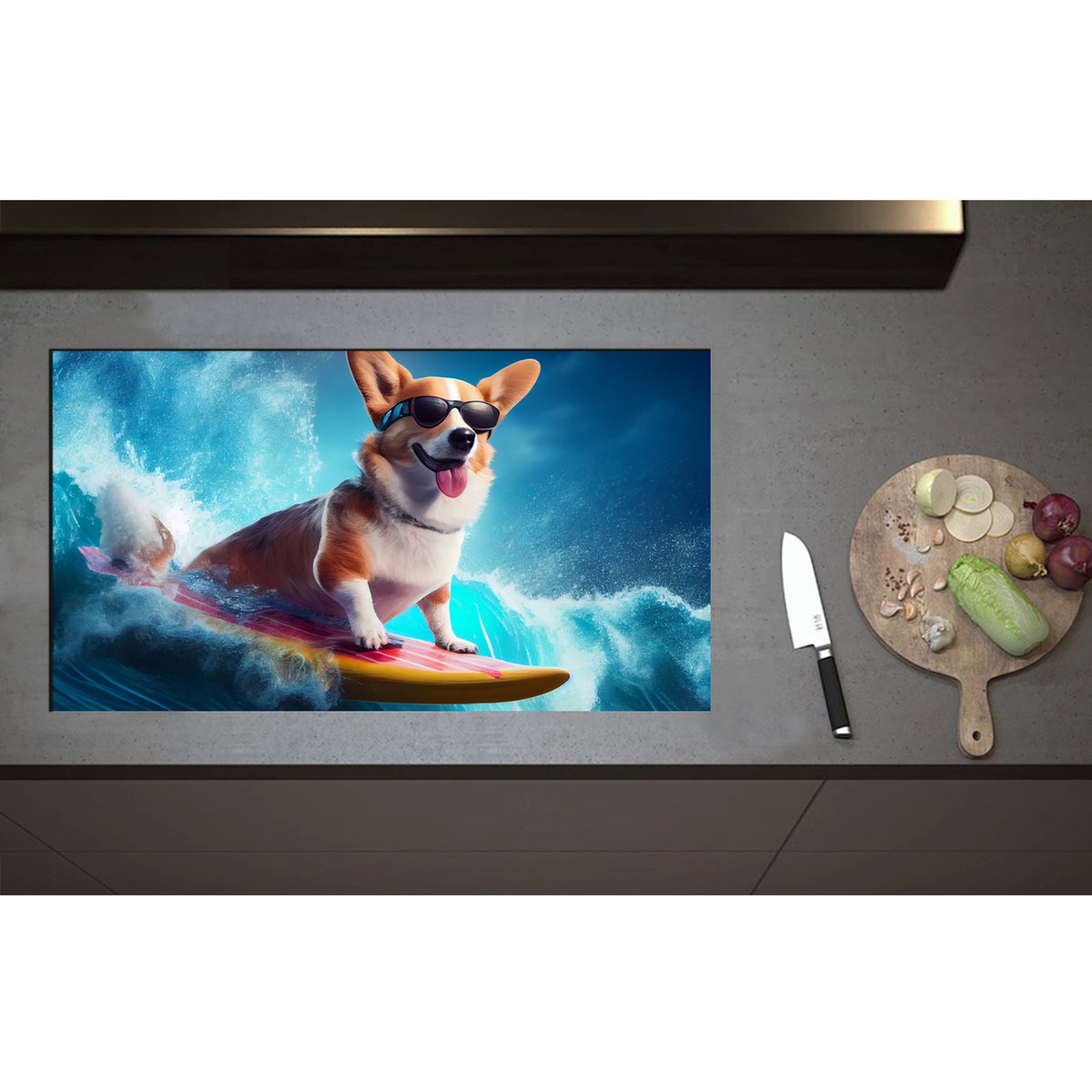 Inductieplaat Beschermer - Bruin met Witte Corgi Puppy Surfend over de Golven - 90x50 cm - 2 mm Dik - Inductie Beschermer - Bescherming Inductiekookplaat - Kookplaat Beschermer van Zwart Vinyl