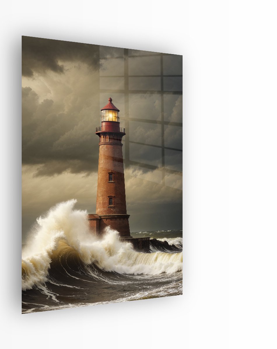 Indoorart Glasschilderij Vuurtoren in de Storm 40x60 CM - Afbeelding op plexiglas - Inclusief montagemateriaal zwart, grijs, rood, wit, bruin