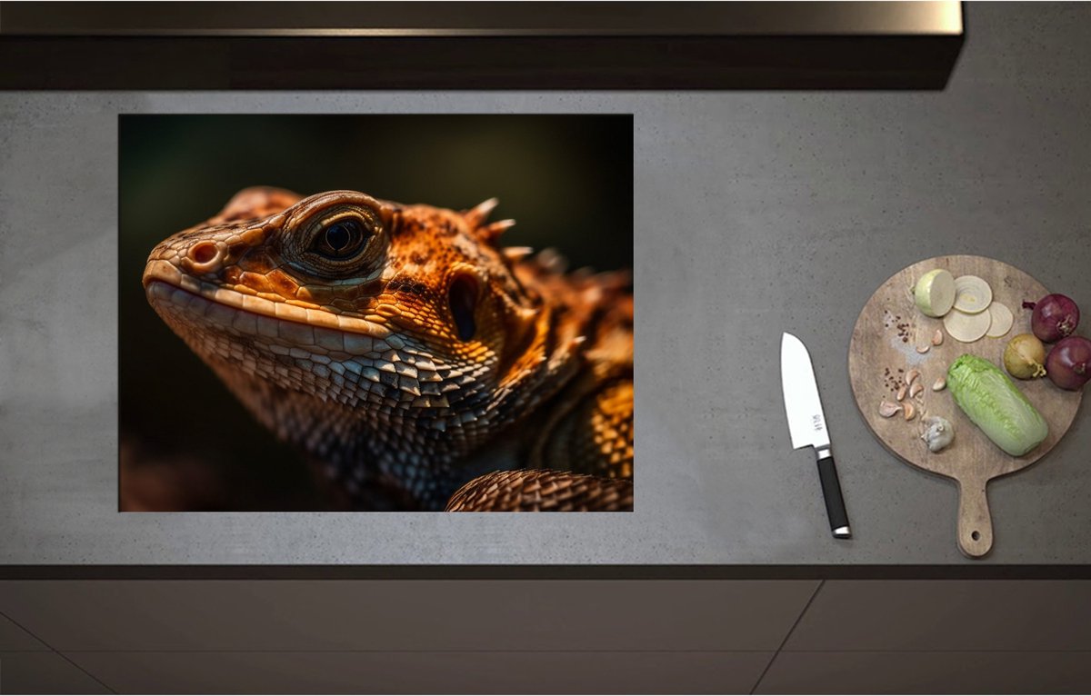 Inductieplaat Beschermer - Bruine leguaan zit in het zonlicht - 71x55 cm - 2 mm Dik - Inductie Beschermer - Bescherming Inductiekookplaat - Kookplaat Beschermer van Wit Vinyl