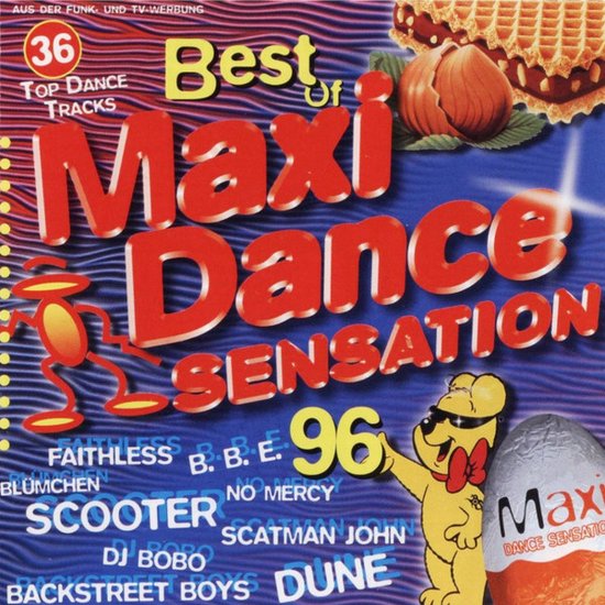 Best of Maxi Dance Sensation 96 met 36 top dance tracks. Met afbeeldingen van een wafel, hazelnoten, een paashaas met chocolade en een dansend figuur.