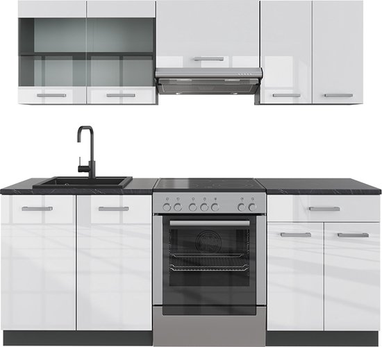 Vicco Elément de cuisine complet R- Line, Wit brillant/anthracite/Anthracite, 200 cm sans plan de travail