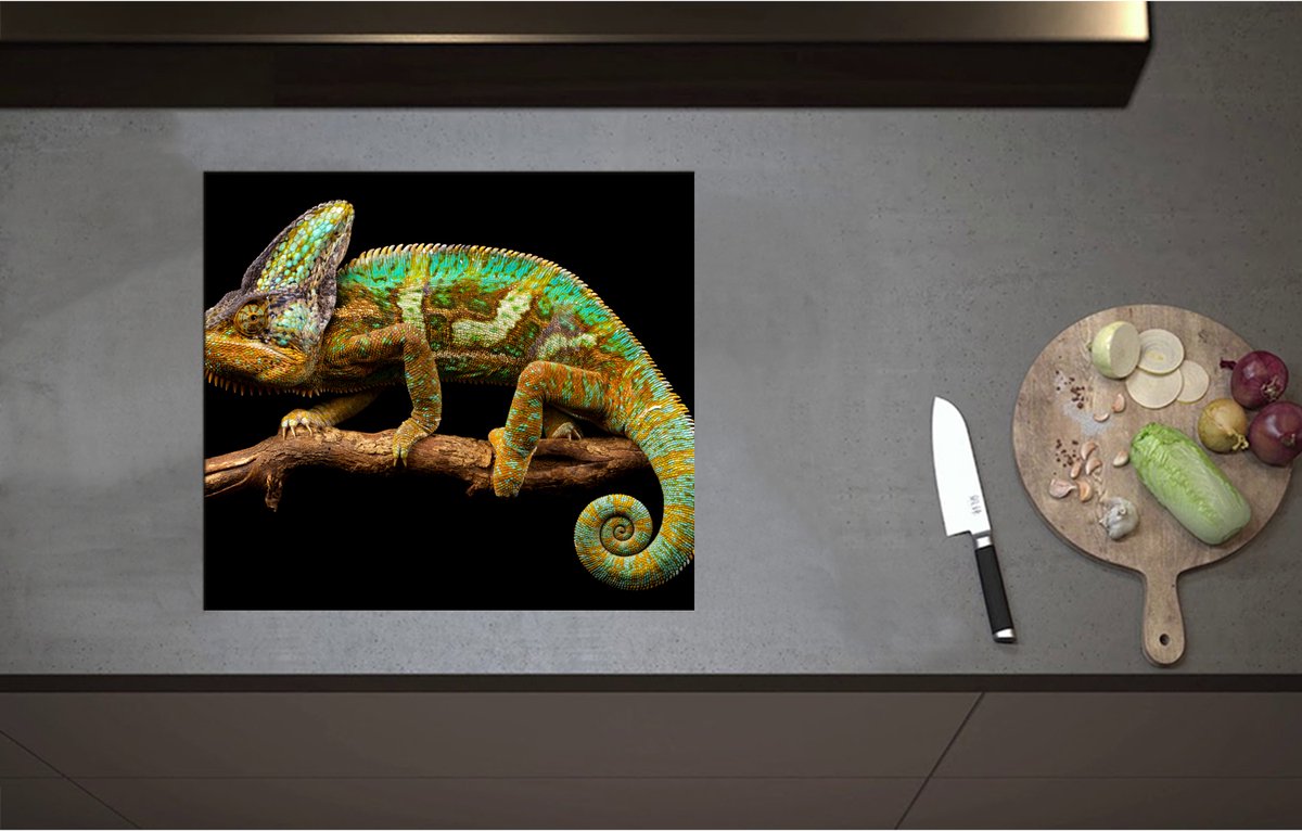 Inductieplaat Beschermer - Bruin groene kameleon staat op tak - 57x51 cm - 2 mm Dik - Inductie Beschermer - Bescherming Inductiekookplaat - Kookplaat Beschermer van Wit Vinyl