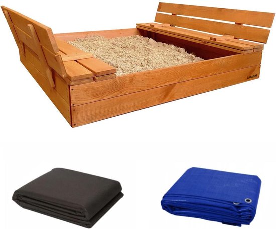 AFSLUITBARE zandbak met banken incl. dekzeil+ gronddoek - 100x100cm