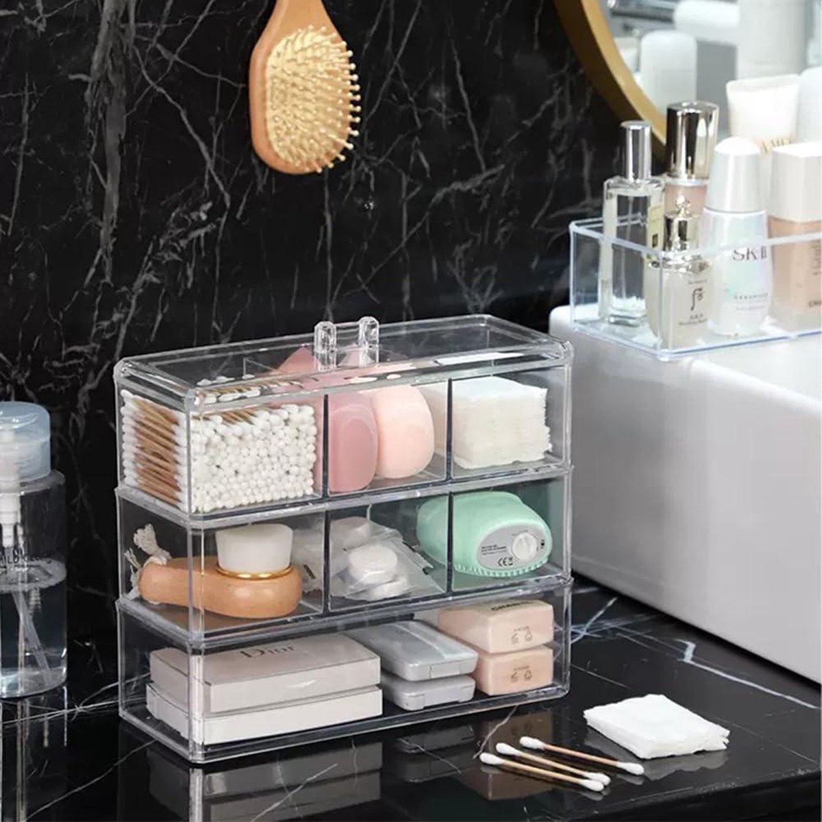 Acryl Opbergdoos Badkamer Pot Make-up Organisator Katoen Ronde Pad Houder Wattenstaafje Box Qtip Houder Dispenser Met Bamboe Deksel