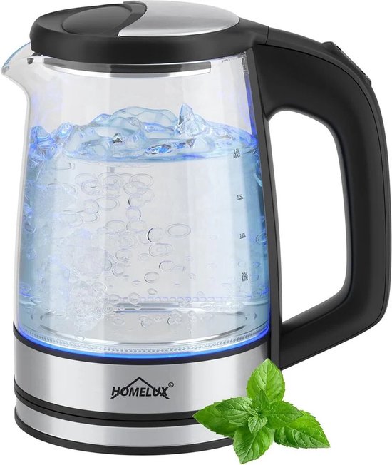 Homelux - Elektrische Waterkoker - Waterkoker - 1,8Liter - 360° draaibaar - 1500W - Glas - Glazen Waterkoker - RVS - Met LED