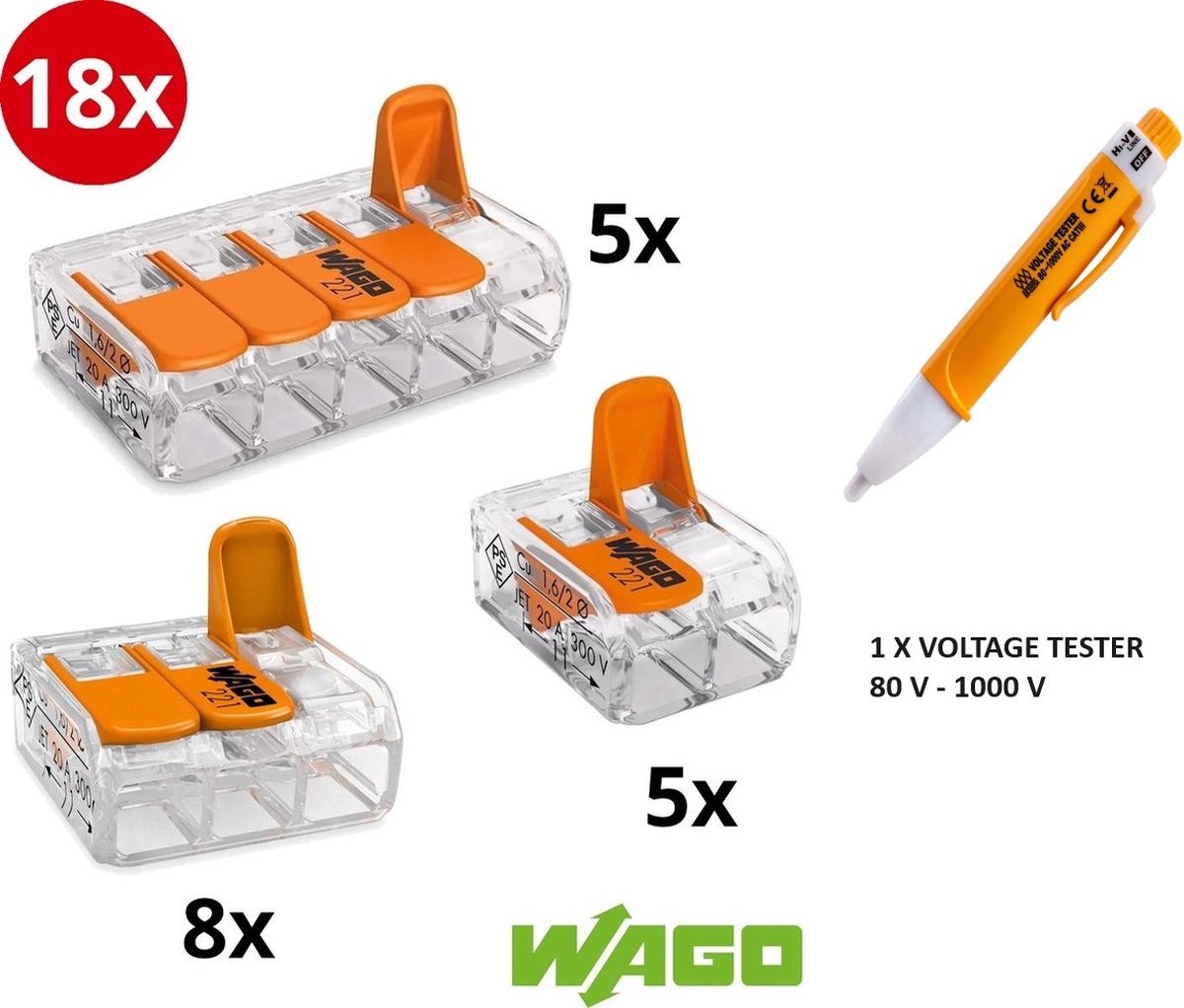 WAGO Lasklemmen 18st. + Voltstick 80 V- 1000 V | Serie 221 - 2, 3 EN 5 VOUDIG (18 st. )