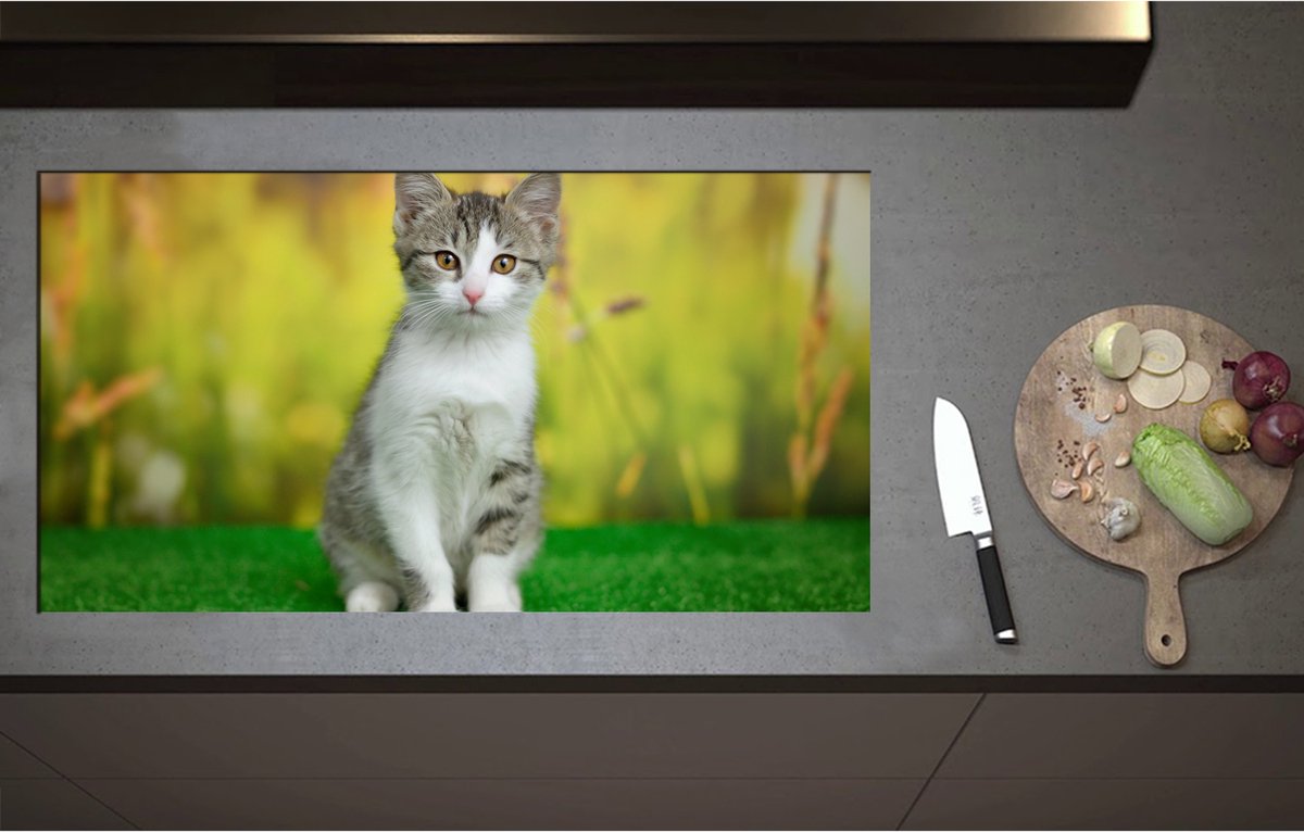 Inductieplaat Beschermer - Braaf Zittende Bruine Kat op Kunstgras - 95x51 cm - 2 mm Dik - Inductie Beschermer - Bescherming Inductiekookplaat - Kookplaat Beschermer van Wit Vinyl