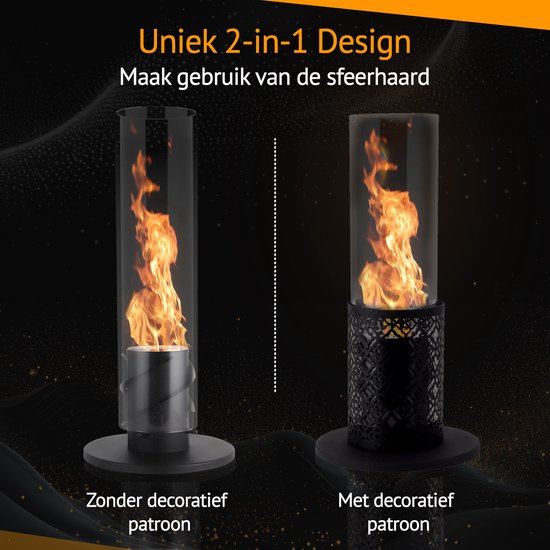 Fiérza sfeerhaard met vlammen, links zonder decoratief patroon, rechts met decoratief patroon. "Uniek 2-in-1 Design".