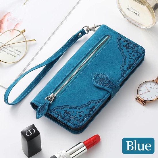 Convient pour Oppo Reno 12 Pro 5G - Book Case - Étui porte-cartes multifonctionnel avec fermeture éclair - Blauw