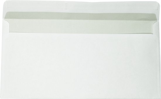 Witte envelop, zelfklevend, met grijze plakstrip. Buitenmaten: 110 x 220 mm.