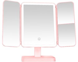 foto van Luminart, Make Up Spiegel met LED Verlichting 2X / 3X Vergroting – 3 Lichtstanden - Oplaadbaar - Roze
