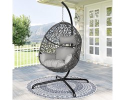 foto van Hangstoel Sydney - Bruin / Grijs Wicker - Zwart Frame - Grijze kussens - Basketmaat 82*65*110CM-voor Buiten en Binnen