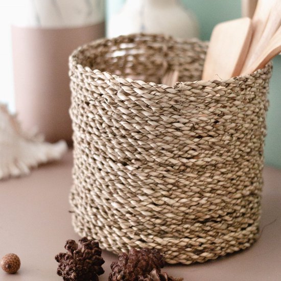 Decorasian Seegras bloempot – Overpot gevlochten – decoratieve plantenmand met folie-inzet in Boho-stijl - Natuur/roze, 24 cm