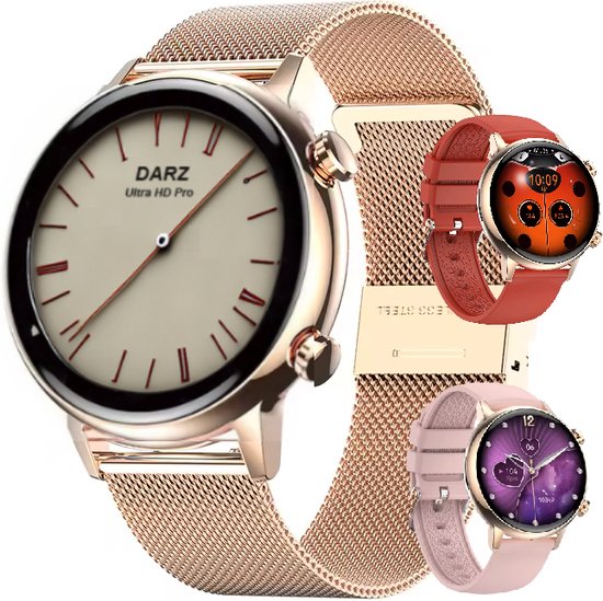 DARZ Ultra HD Pro Smartwatch - Smartwatch Dames - HD Touchscreen - Horloge - Stappenteller - Bloeddrukmeter - Saturatiemeter - Hartslag – Roségoud en Roze - iOS en Android - RVS en 2x Siliconen Bandje