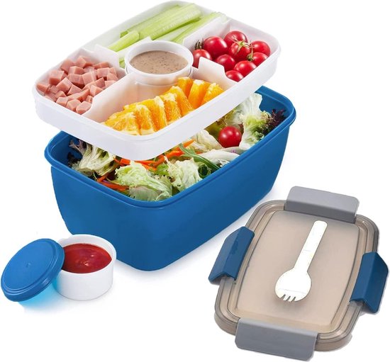 Foto: Lunchbox voor volwassenen duurzame broodtrommel en saladebox meerdere compartimenten luchtdichte afsluiting magnetron en vaatwasmachinebestendig inclusief dressingcontainer en bestekset hoogwaardig bpa vrij materiaal