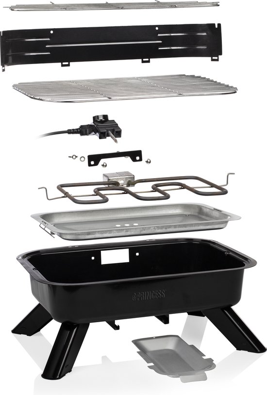 Princess 112252 Hybride Barbecue – 2000W – Elektrisch of Houtskool BBQ – Compact Tafelmodel – Ideaal voor Balkon & Camping – 44x29 cm