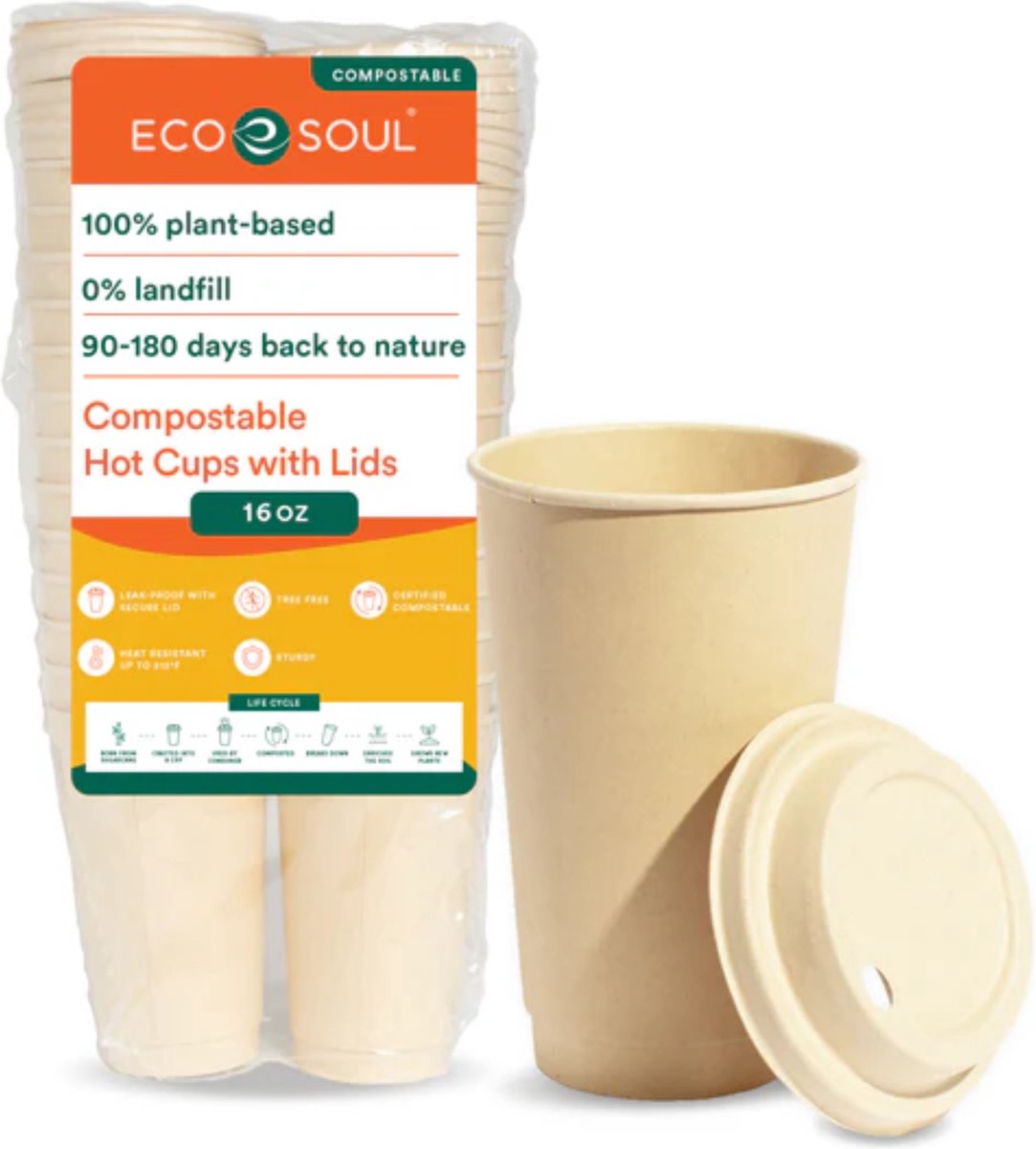 Composteerbare, op planten gebaseerde Bagasse Hot Cups van 16 oz met deksel, 25 stuks