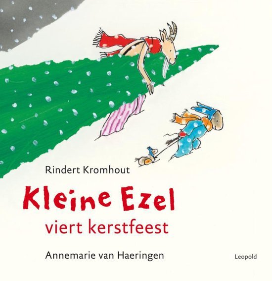 Boek 'Kleine Ezel viert kerstfeest'. Illustratie van ezels en andere dieren in de sneeuw.