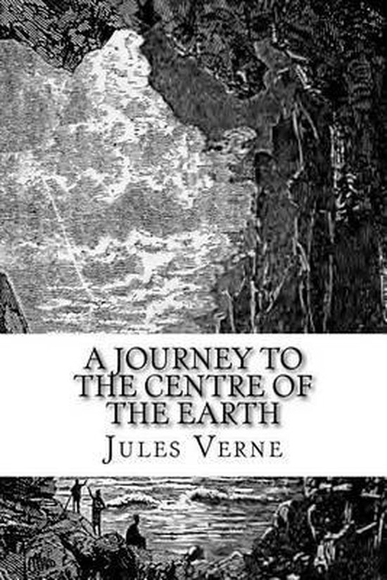Boekomslag 'A Journey to the Centre of the Earth' van Jules Verne, met een illustratie van een grot, wolken en mensen aan zee.