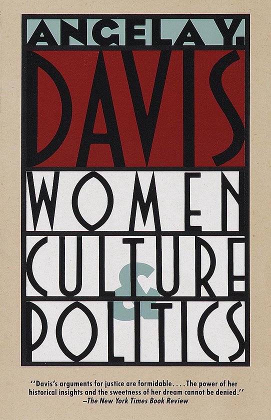 Couverture de livre avec le texte 'ANGELA DAVIS WOMEN CULTURE & POLITICS' en grandes lettres. Rouge, blanc, bleu et vert.