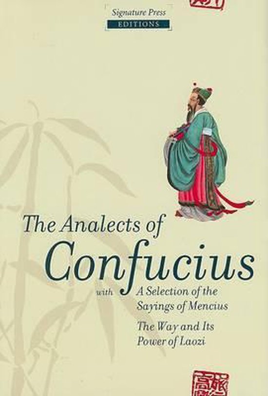 Couverture du livre 'The Analects of Confucius', avec une illustration de Confucius en tenue traditionnelle.