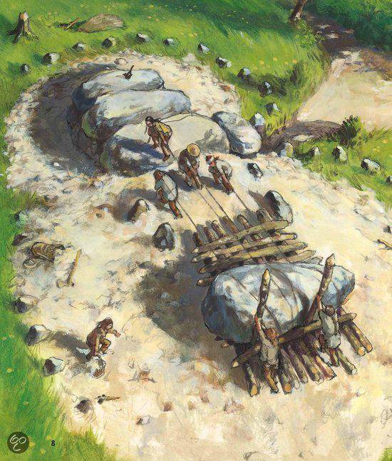 Prehistorische mensen trekken grote stenen met hout en touw. Grassen en stenen.