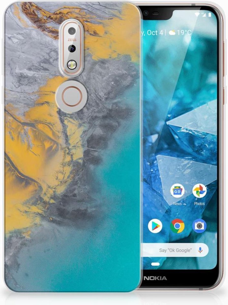 Nokia 7.1 TPU Siliconen Hoesje Marble Blue Gold