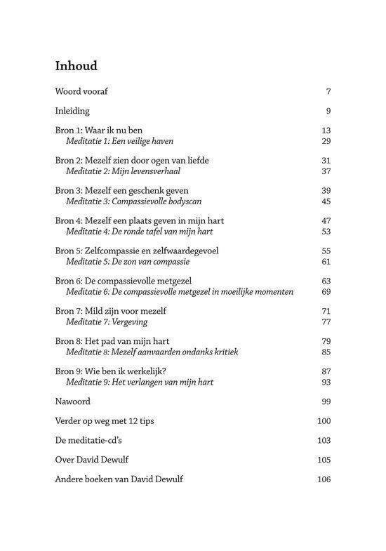 Pagina met inhoudsopgave van een boek over zelfacceptatie