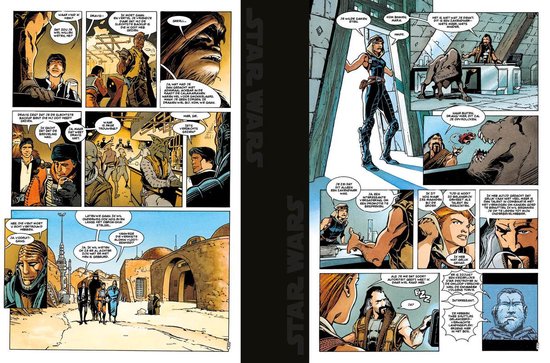 Stripboekpagina met sci-fi figuren. Mensen en aliens in woestijnlandschap, een bar, en sci-fi personages in kleurrijke panelen.