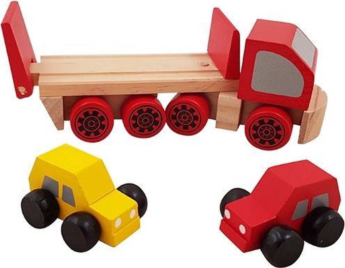 Houten autotransporter met 2 autootjes rood - Playwood / Roel
