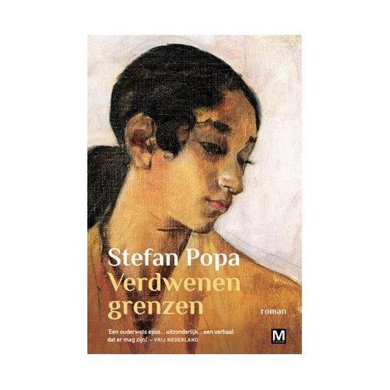 Boek "Verdwenen grenzen" van Stefan Popa, met een portretschildering van een jonge vrouw in gele tinten.