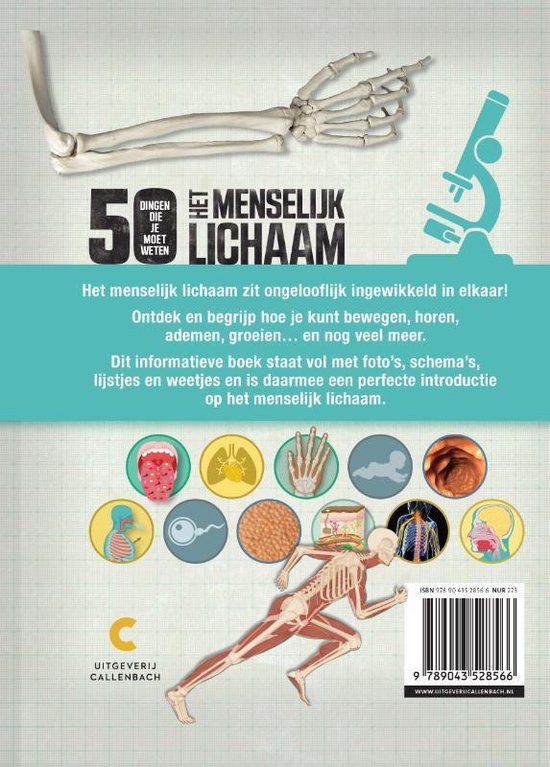 Dos du livre '50 choses à savoir - Le corps humain' avec des illustrations de squelette, microscope et organes.