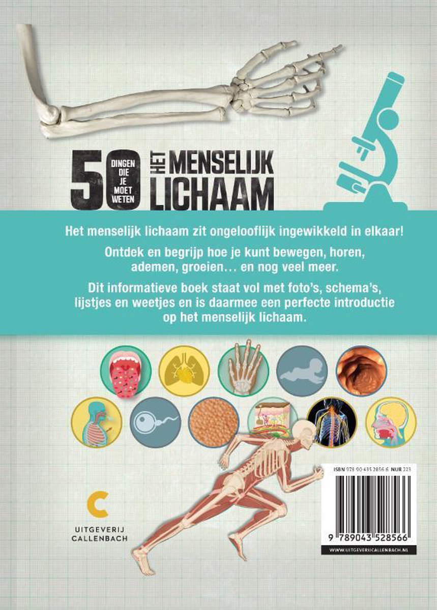 Dos du livre '50 choses à savoir - Le corps humain' avec des illustrations de squelette, microscope et organes.