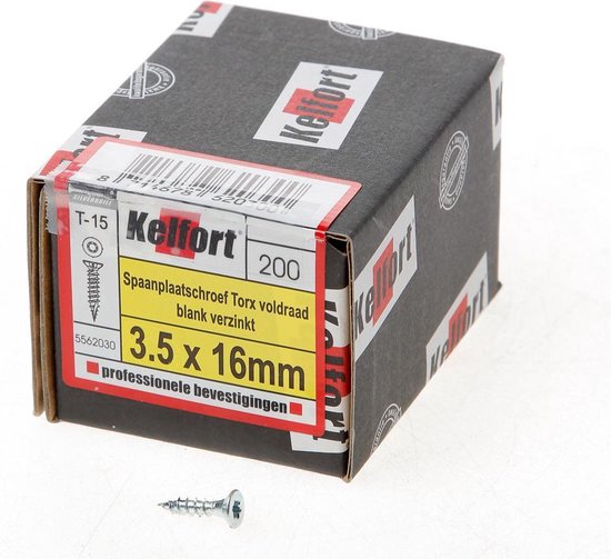 Kelfort Spaanplaatschroef platverzonken kop verzinkt T15 voldraad 3.5 x 16mm (Prijs per 200 stuks)