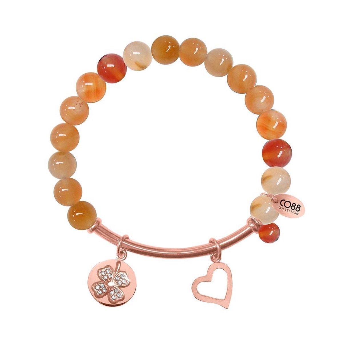 CO88 Collection Beloved 8CB 50009 Rekarmband met Stalen Elementen - Zirkonia Bloem en Hart - Agaat Natuursteen 8 mm - One-size - Oranje