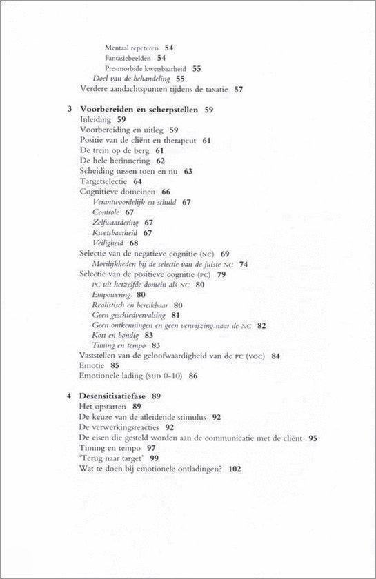 Pagina met sectietitels zoals "Voorbereiden en scherpstellen" en "Desensitisatiefase".