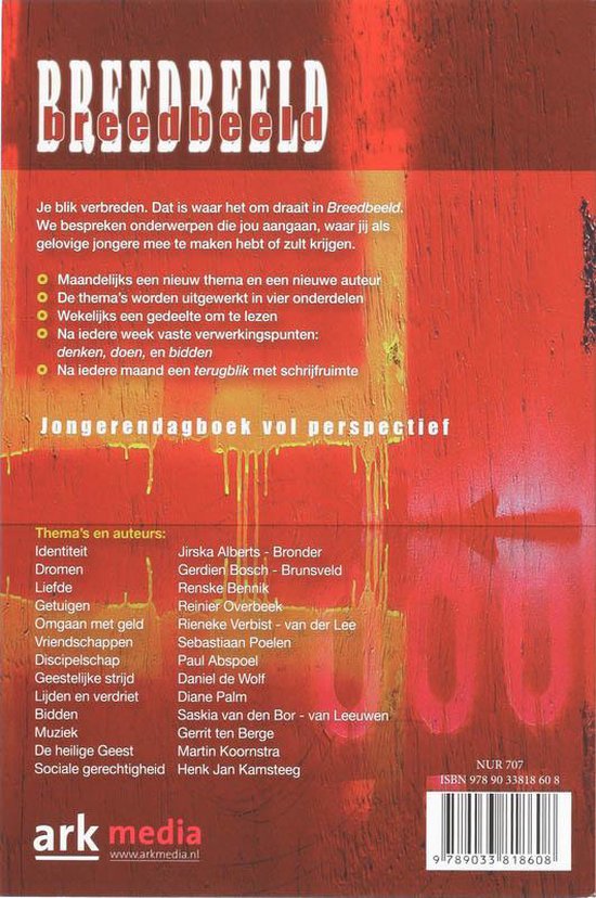 Achterkant van boek met rode en oranje achtergrond, tekst over Breedbeeld, thema's, auteurs en ISBN.