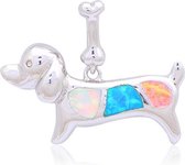 Synthetische opaal ketting hanger hondje met bot silver plated