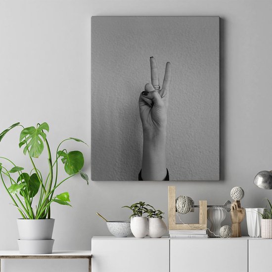 Canvas Schilderij Peace Handgebaar - 60x80cm - Zwart-wit Schilderij